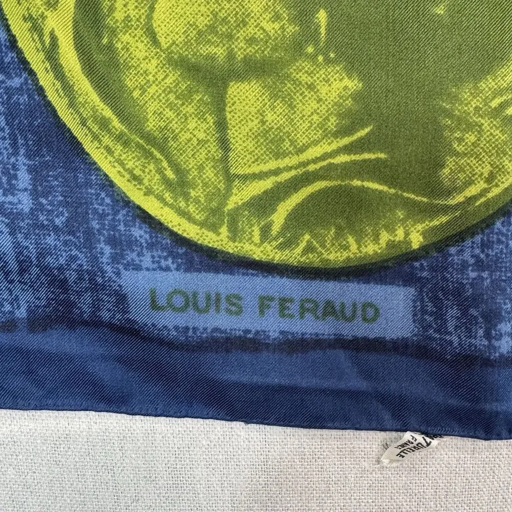 Vintage Louis Feraud Paris Silk Scarf Blue Gold Roman Coin Print 31” Square